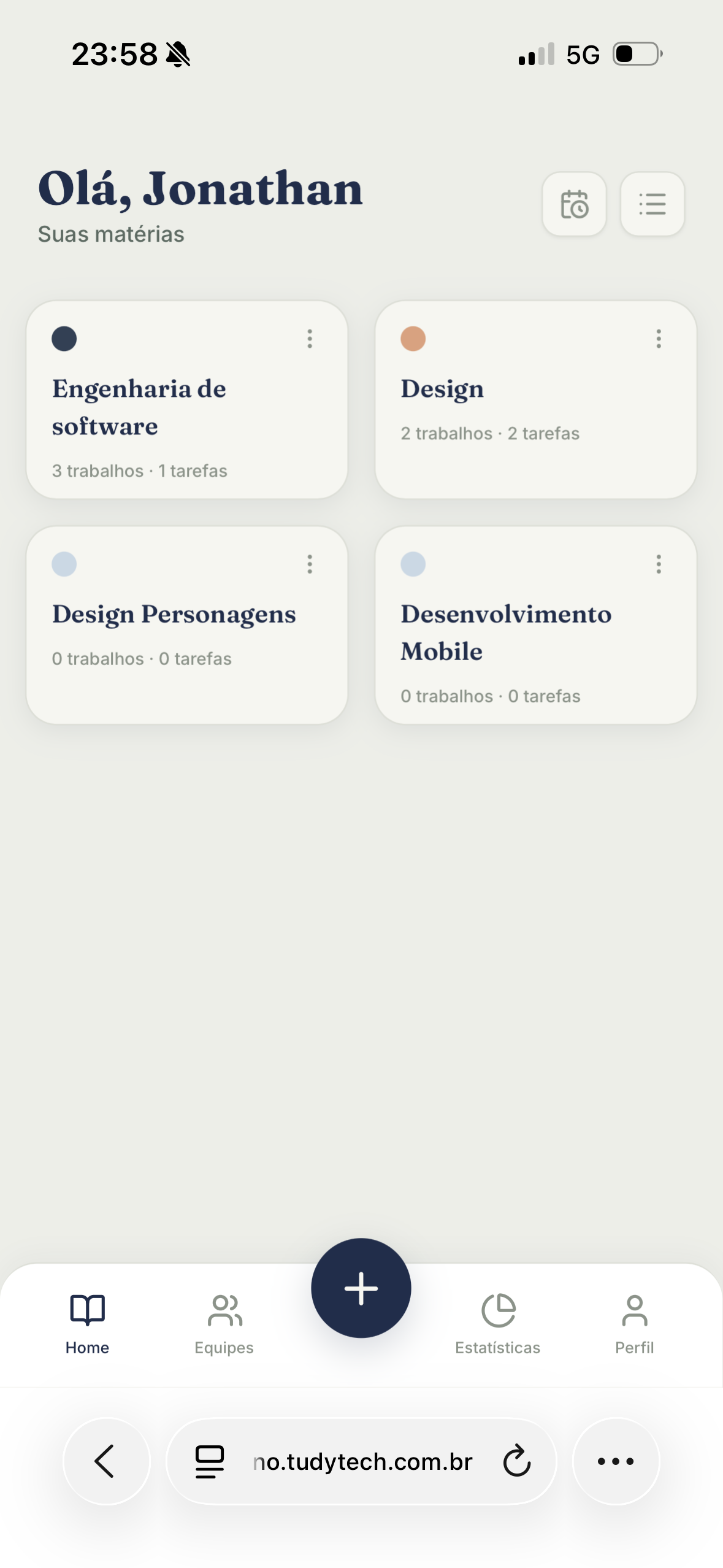 Tela inicial do Tudy mostrando a lista de matérias do estudante