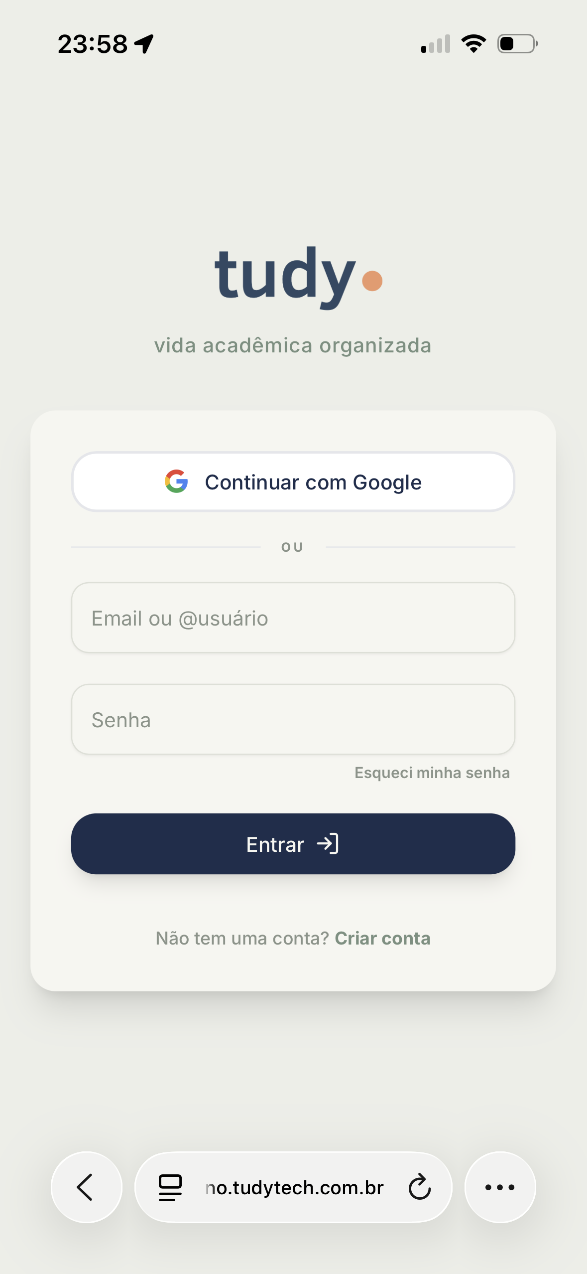 Tela de login do Tudy para acesso à conta do estudante